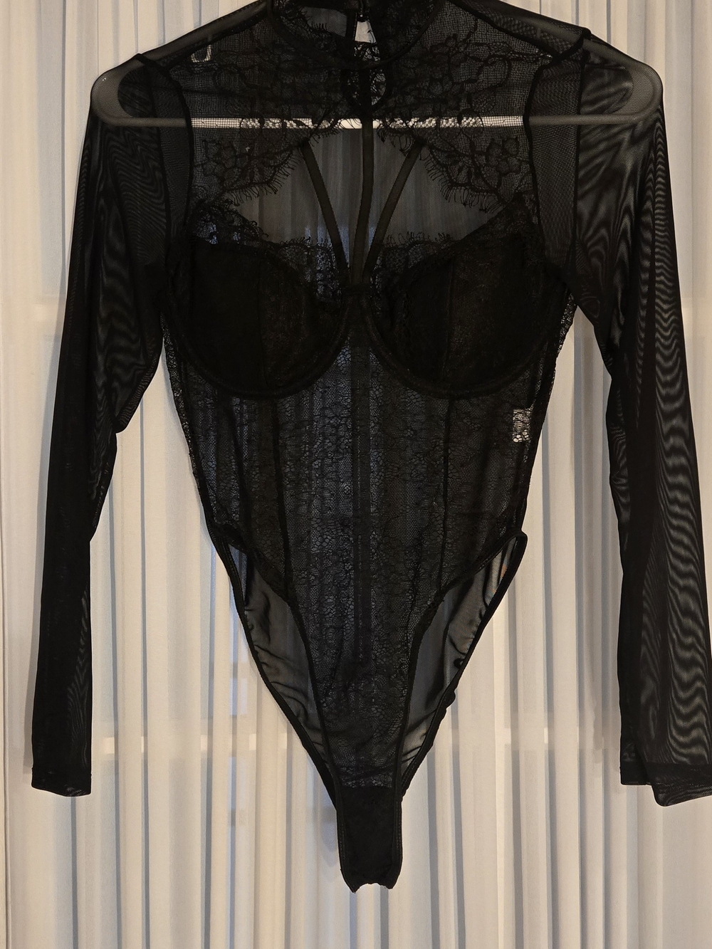 Black Lace Long-Sleeve Mesh Bodysuit
